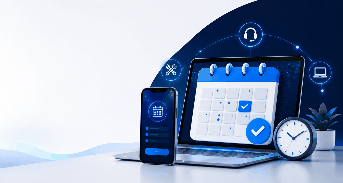 Calendar, laptop, phone, clock and checkmark representing easy online booking