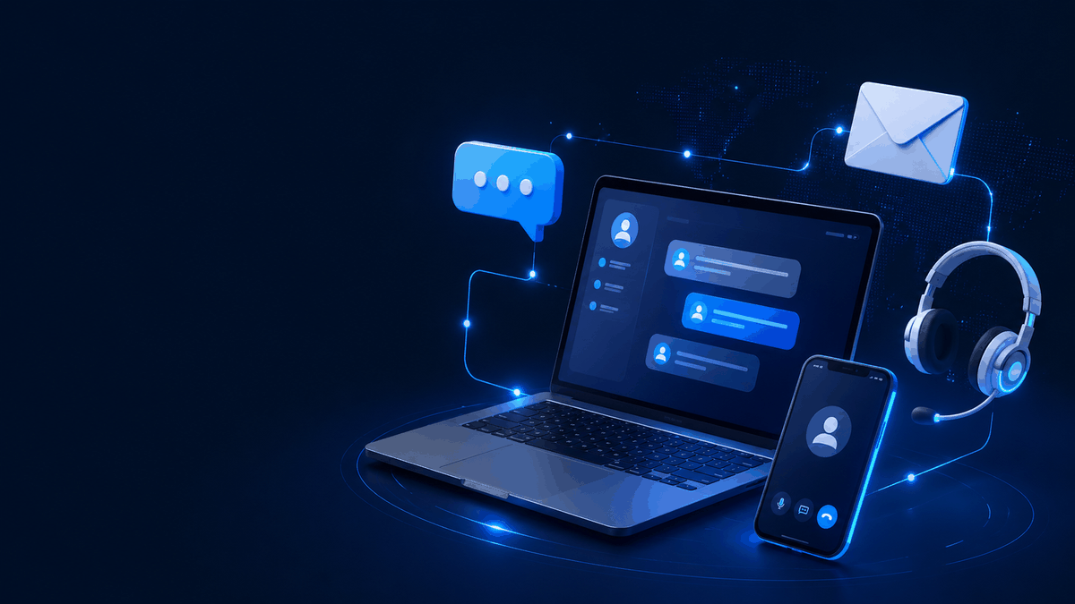 Laptop, phone, chat bubble, email and headset representing easy contact