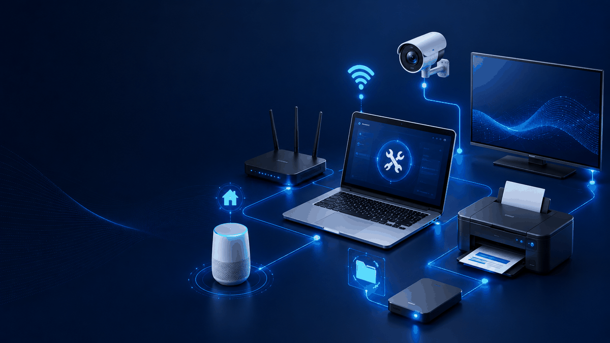 Laptop, router, smart TV, camera, printer and devices representing our full range of services